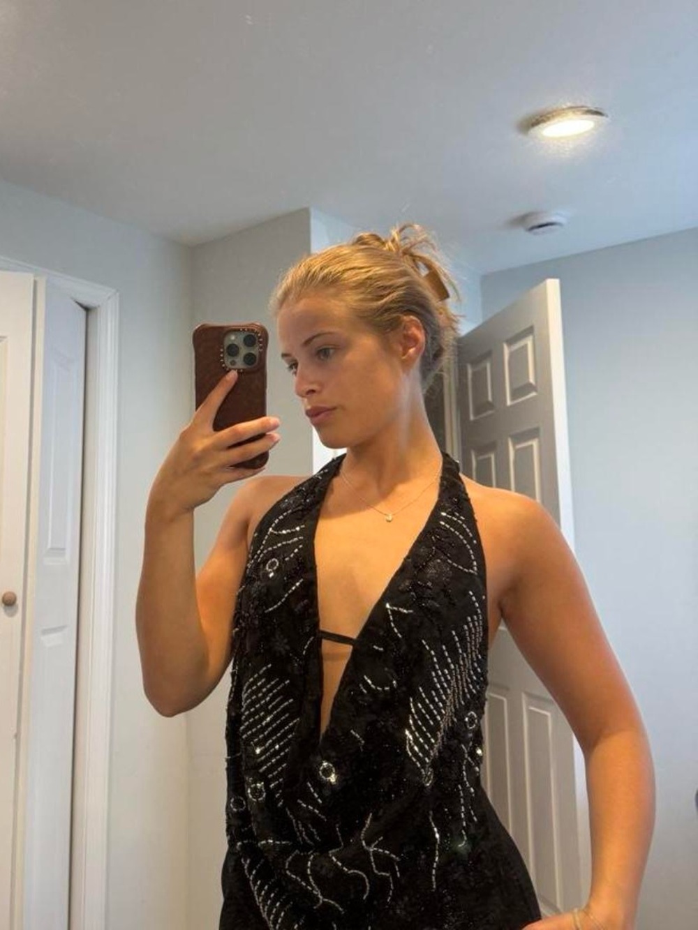 Peppermayo Black Sequin Halter Deep V Top